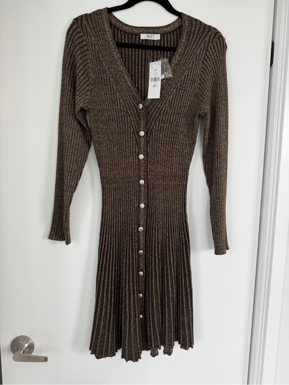 Suzy Shier Brown Ribbed Button-Front Long Sleeve Dress